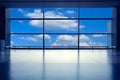 Modern airport interior glass wall aisle window Royalty Free Stock Photo