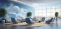 A modern airport lounge with a 3D sky-themed wall pattern,