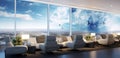 A modern airport lounge with a 3D sky-themed wall pattern,