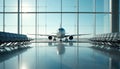 Modern airport terminal interior with rows of empty seats, large windows. Airplane visible through windows with natural light Royalty Free Stock Photo