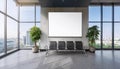 Modern airport waiting area interior with empty mock up poster, panoramic windows and city view, chairs and plants. 3D Rendering