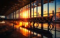 Modern airport waiting hall with a long row of chairs. Empty room lit with light of setting sun Royalty Free Stock Photo