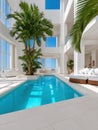 Modern and airy interior with a bright pool and lush greenery. Royalty Free Stock Photo