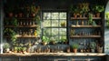 Modern alchemists kitchen with herbs hanging and potion bottles3D render