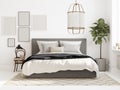 Modern all white Scandinavian bedroom with blank frames