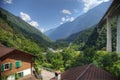 Modern alpine valley with highway.