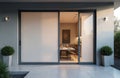 Modern aluminum sliding door with smart glass technology, switchable for privacy transparency. Architectural element features Royalty Free Stock Photo