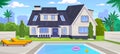 Modern American house with a swimming pool in the backyard. Cartoon illustration Royalty Free Stock Photo