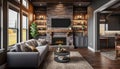 Modern American Living Room Interior in Gray and Brown Colors with a Fireplace, Generative AI
