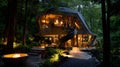 Modern angular cabin with spiral staircase nestled in a lush forest at night Royalty Free Stock Photo