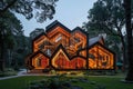 Modern angular home with glowing orange interiors nestled among trees. Royalty Free Stock Photo