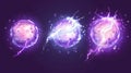 Modern animation sprite with electric lightning ball. Purple thunder energy attack fx set for video explosions. Special