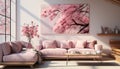 Modern apartment with bright pink walls, comfortable sofa, and elegant decor generated by AI Royalty Free Stock Photo