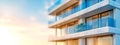 modern apartment building facade with clear glass balconies and a single potted plant, bathed in the warm glow of sunset Royalty Free Stock Photo