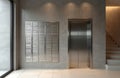 Modern apartment building lobby with rows of mailboxes and a shiny elevator. Empty hall has stairs leading up. Contemporary Royalty Free Stock Photo