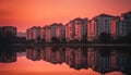 Modern apartment building with panoramic waterfront view at twilight generated by AI