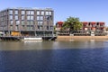 Modern apartment buildings on the bank of the river Odra on the island Kepa Mieszczanska, Wroclaw, Poland