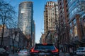 Modern apartment buildings in downtown Vancouver BC Canada. Angular Glass Tower Buildings Against Blue Sky Royalty Free Stock Photo