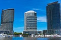 Modern apartment buildings with water view