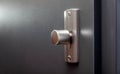 Modern apartment closed front door inside metal doorknob lock closeup, detail. House main entrance interior turn door handles knob