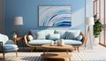 Modern apartment with comfortable sofa, blue wallpaper, and striped cushion generated by AI Royalty Free Stock Photo