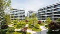 Modern apartment complex with lush green courtyard and contemporary architecture Royalty Free Stock Photo