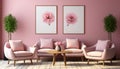 Modern apartment with elegant decoration, comfortable sofa, and pink pillows generated by AI Royalty Free Stock Photo