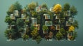 Modern apartment with green trees building in the middle of the forest. Illustration Royalty Free Stock Photo