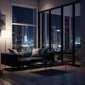 Modern Apartment Interior with Furniture and Glass Window Night City View in the Living Room. Generative AI Royalty Free Stock Photo