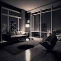 Modern Apartment Interior with Furniture and Glass Window Night City View in the Living Room. Generative AI Royalty Free Stock Photo