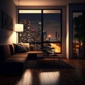 Modern Apartment Interior with Furniture and Glass Window Night City View in the Living Room. Generative AI Royalty Free Stock Photo