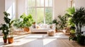 modern apartment interior in light colors, natural materials, eco concept, cozy with many house plants,copy space, mockup Royalty Free Stock Photo