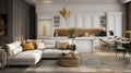 Modern Apartments With Gold Furniture: Dark White And Amber Elegance