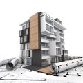 Modern appartment building and blueprints Royalty Free Stock Photo