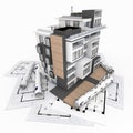 Modern appartment building and blueprints Royalty Free Stock Photo