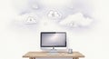 Modern Apple iMac desktop computer with cloud computing theme featuring floating Apple logo clouds on white background Royalty Free Stock Photo