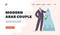 Modern Arab Couple Landing Page Template. Newlywed Man and Woman Wear Festive Clothes. Happy Islamic Marriage Ceremony