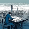 Modern architect sketching blueprint with city skyline