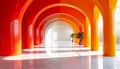 Modern architectural corridor with orange and red arches and sunlight architecture Royalty Free Stock Photo