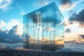 Modern architectural cube structure hovering above a city skyline at sunset Royalty Free Stock Photo