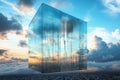 Modern architectural cube structure hovering above a city skyline at sunset Royalty Free Stock Photo