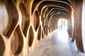 Modern architectural design featuring a wooden tunnel with organic shapes Royalty Free Stock Photo