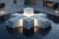 Modern Architectural Design with Illuminated Geometric Sculpture in a Tranquil Night Setting Generative AI Royalty Free Stock Photo