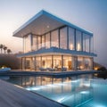 modern architectural design of a luxury villa on the seafront with flowing shapes