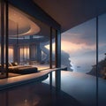 modern architectural design of a luxury villa on the seafront with flowing shapes