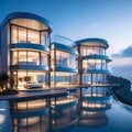 modern architectural design of a luxury villa on the seafront with flowing shapes