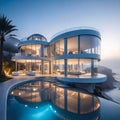 modern architectural design of a luxury villa on the seafront with flowing shapes