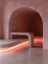 Modern architectural interior with a curved bench and arched doorway. Royalty Free Stock Photo