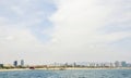 Modern architectural landmarks and beach seen from the sea from the Mediterranean coast. Barcelona