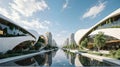 Modern Architectural Marvels Reflecting in Serene Waterway Royalty Free Stock Photo